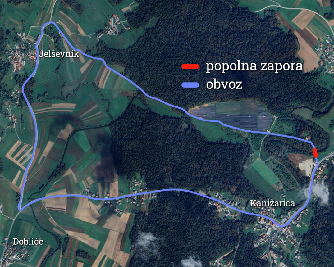 Grafični prikaz poti obvoza zaradi zapore mostu