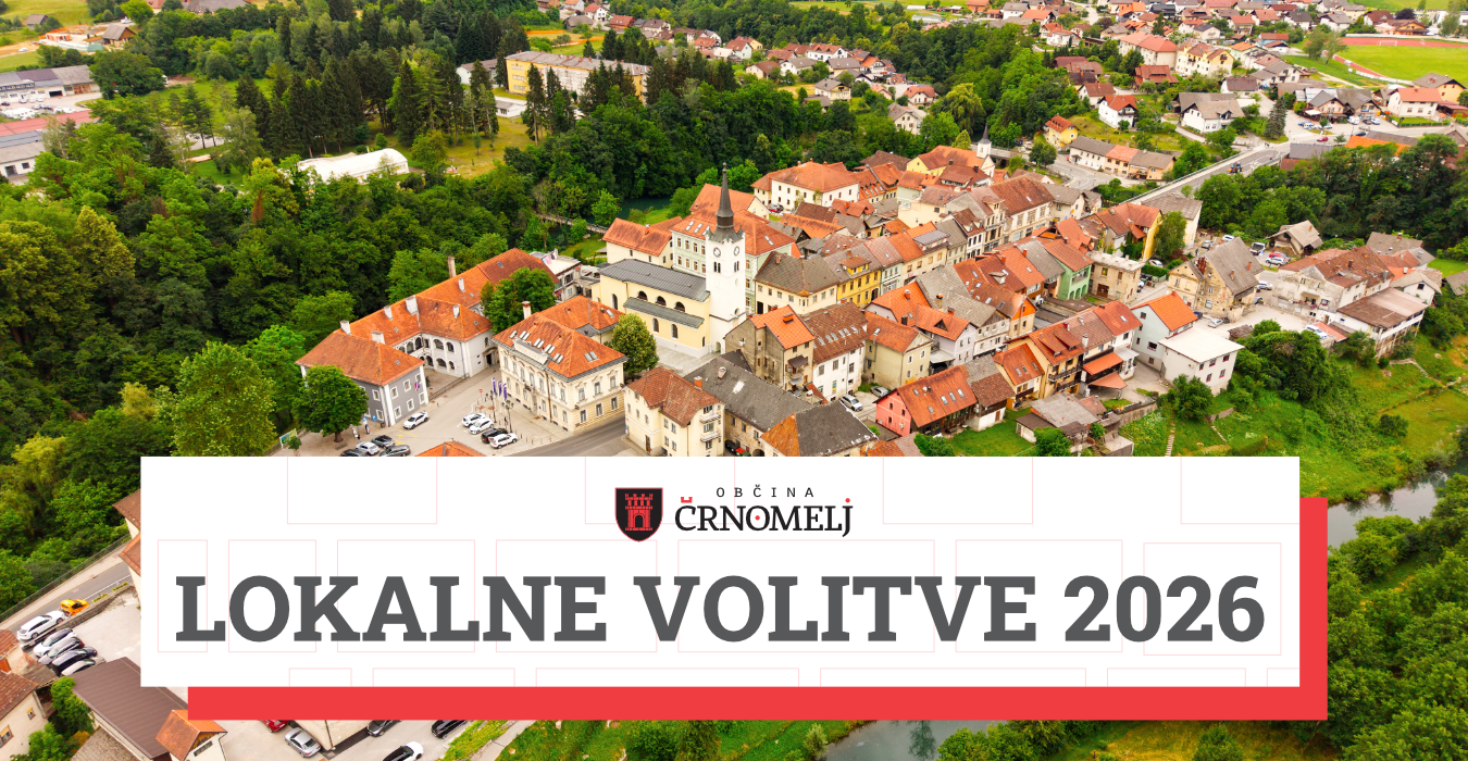 Okrasna grafika, slika mestnega jedra Črnomlja iz zraka, napis Lokalne volitve 2026